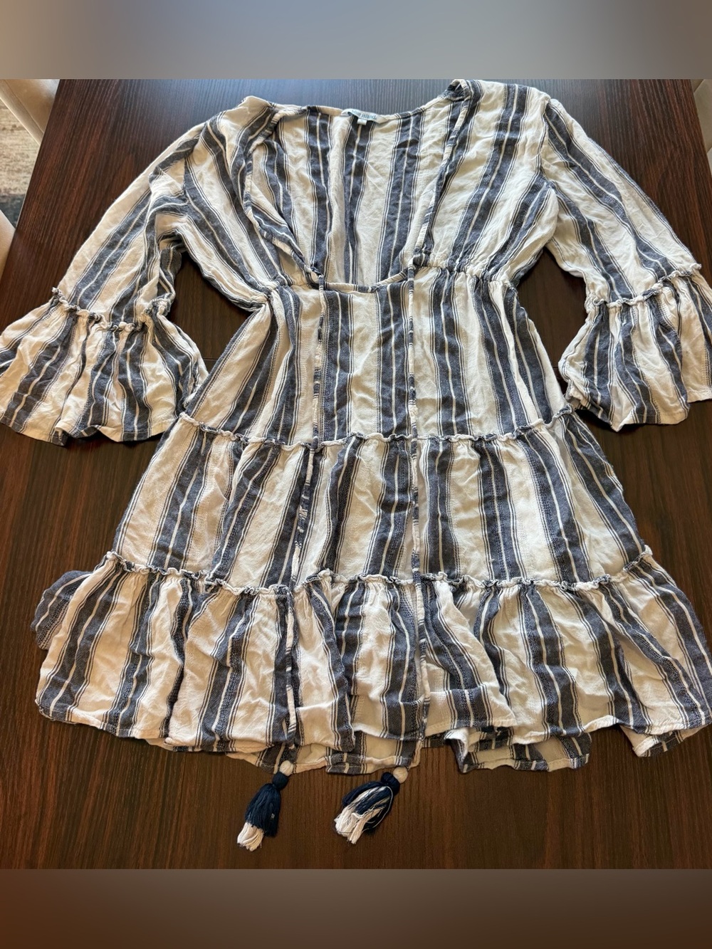 Blue Island Women’s Navy White Striped Tiered Boho Mini Dress Bell Sleeve Size S